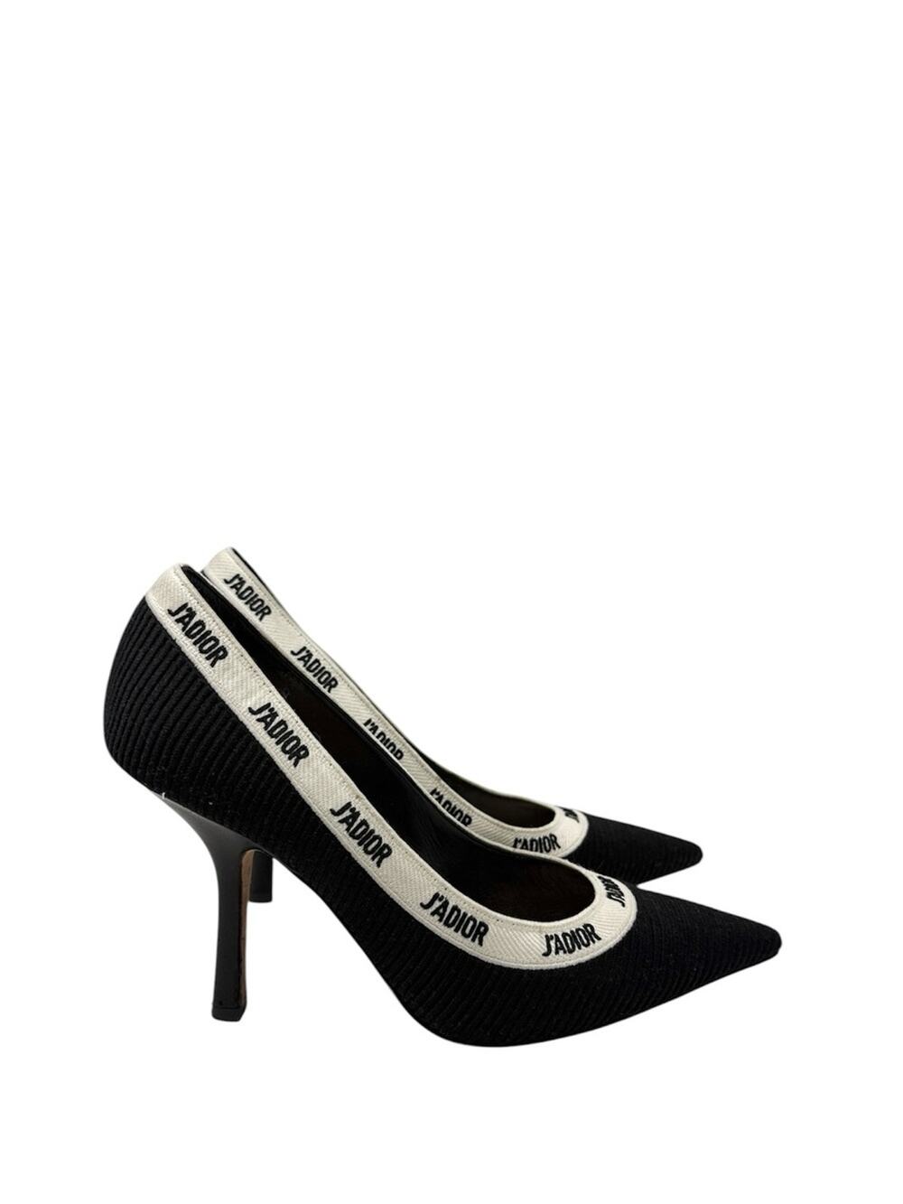 Dior J’Adior Logo Ribbon Black Canvas Slip On Pointed Toe Pumps Size 38